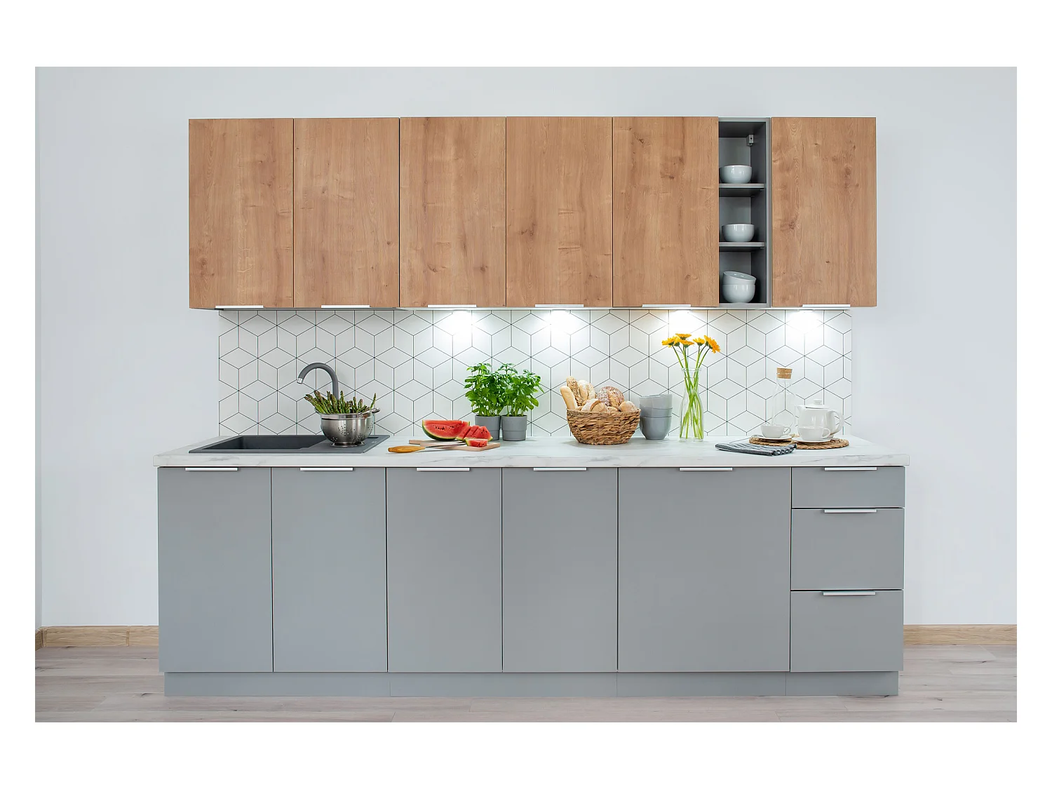 Cuisine complète Ela 8 éléments couleur chêne/gris clair - Longueur 260 cm