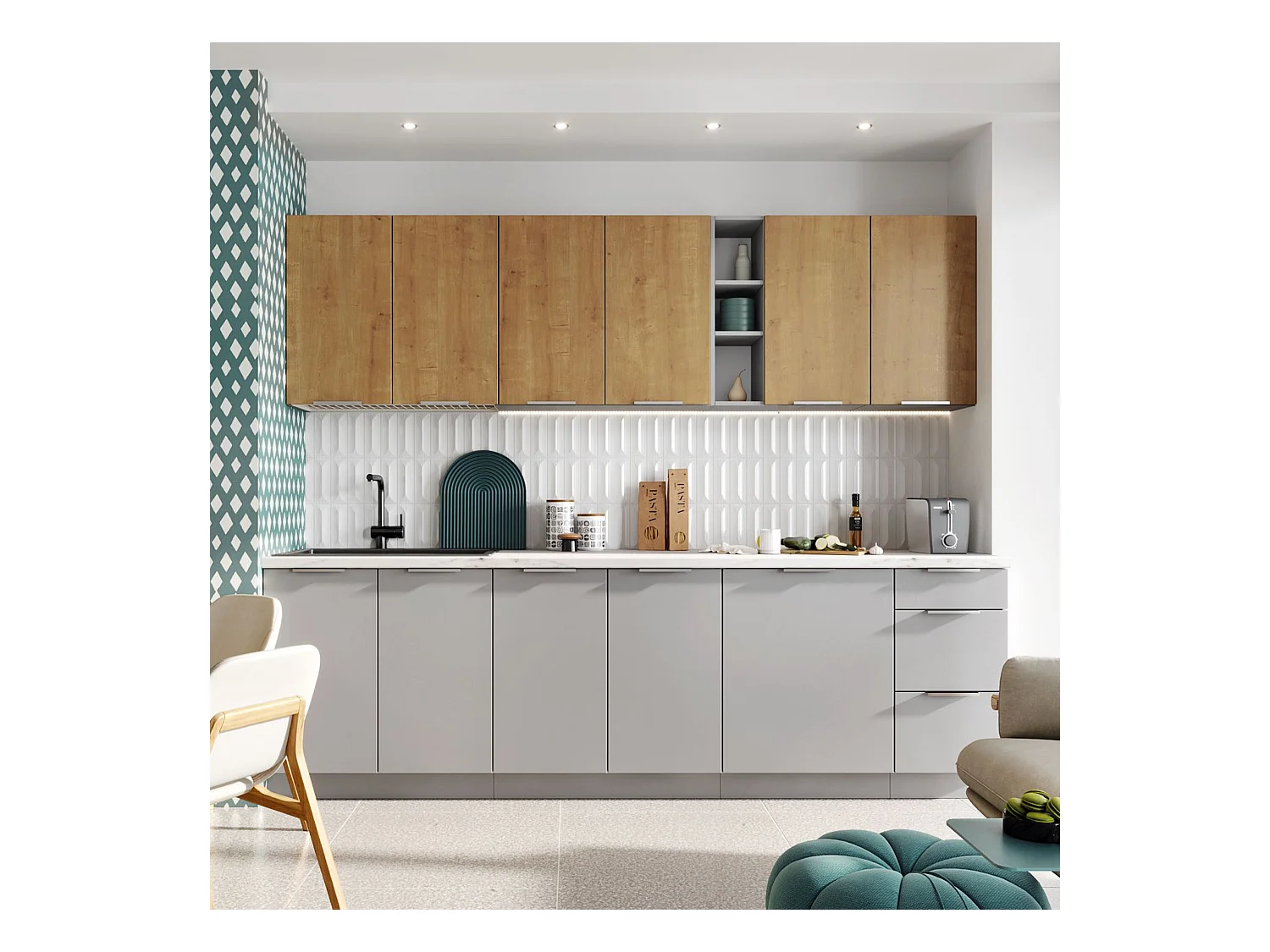 Cuisine complète Ela 8 éléments couleur chêne/gris clair - Longueur 260 cm