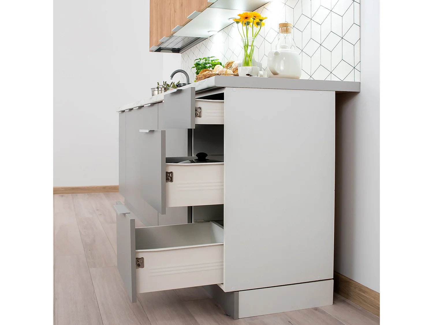 Cuisine complète Ela 8 éléments couleur chêne/gris clair - Longueur 260 cm