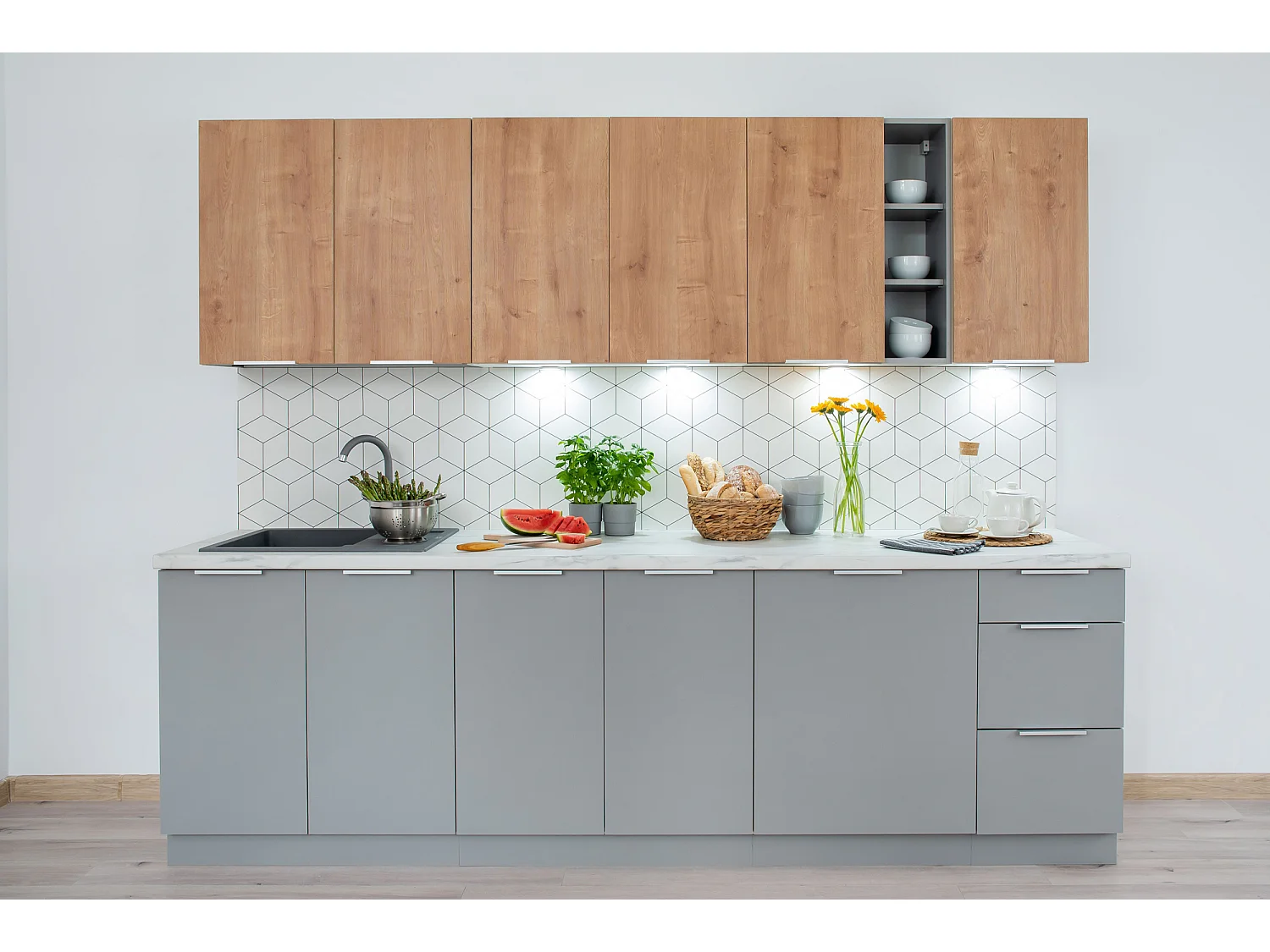 Cuisine complète Ela 8 éléments couleur chêne/gris clair - Longueur 260 cm