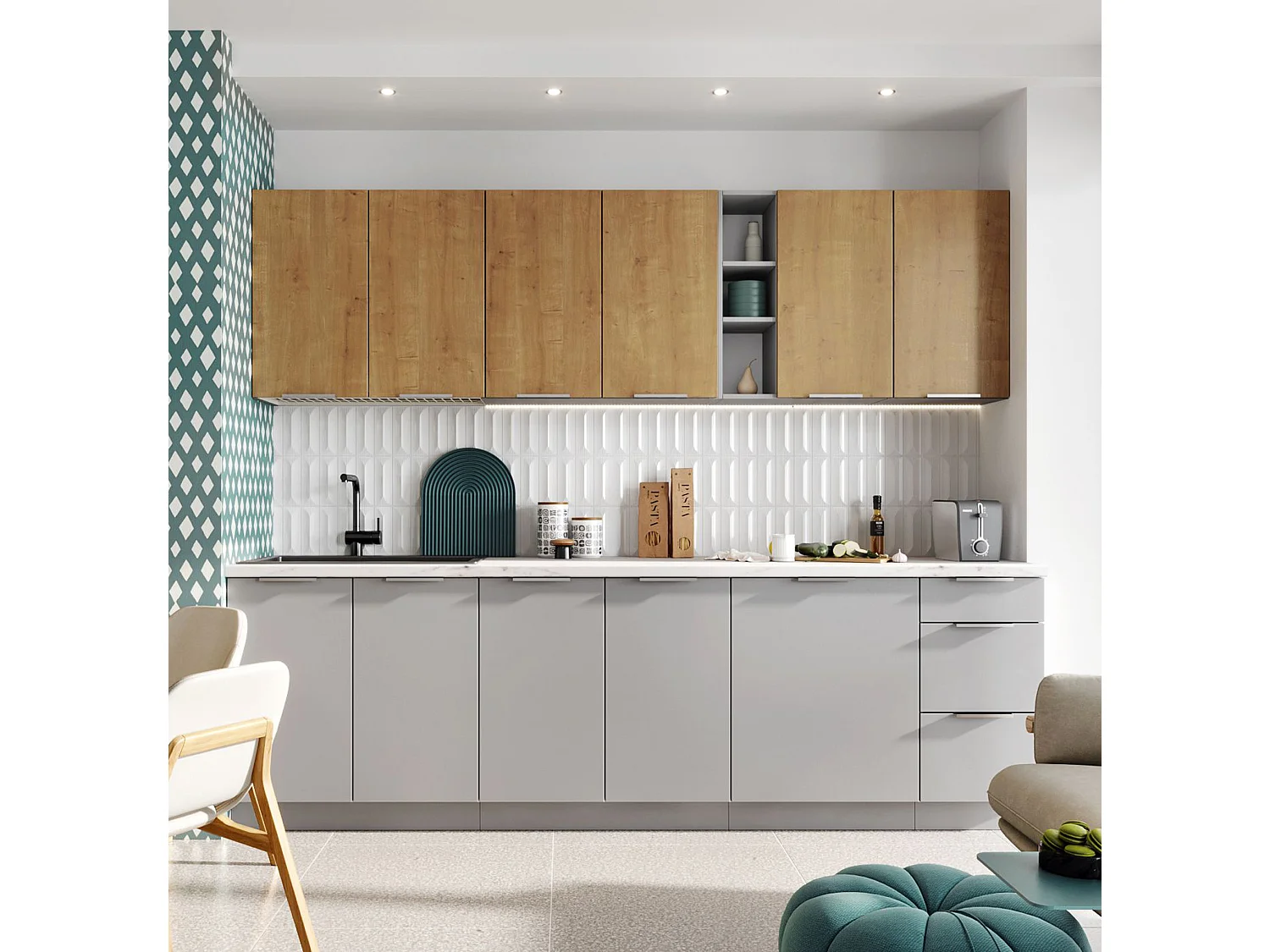 Cuisine complète Ela 8 éléments couleur chêne/gris clair - Longueur 260 cm