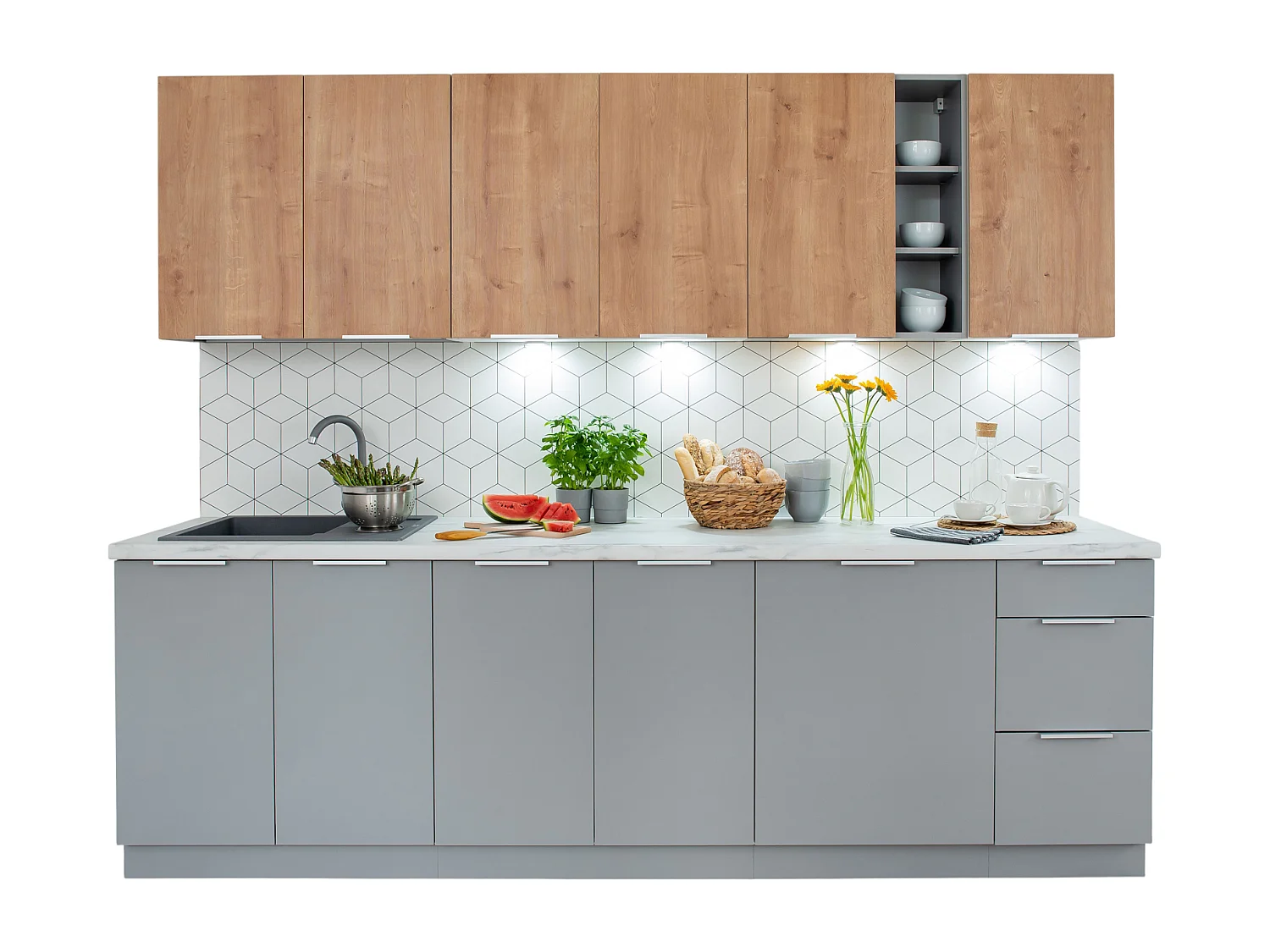 Cuisine complète Ela 8 éléments couleur chêne/gris clair - Longueur 260 cm
