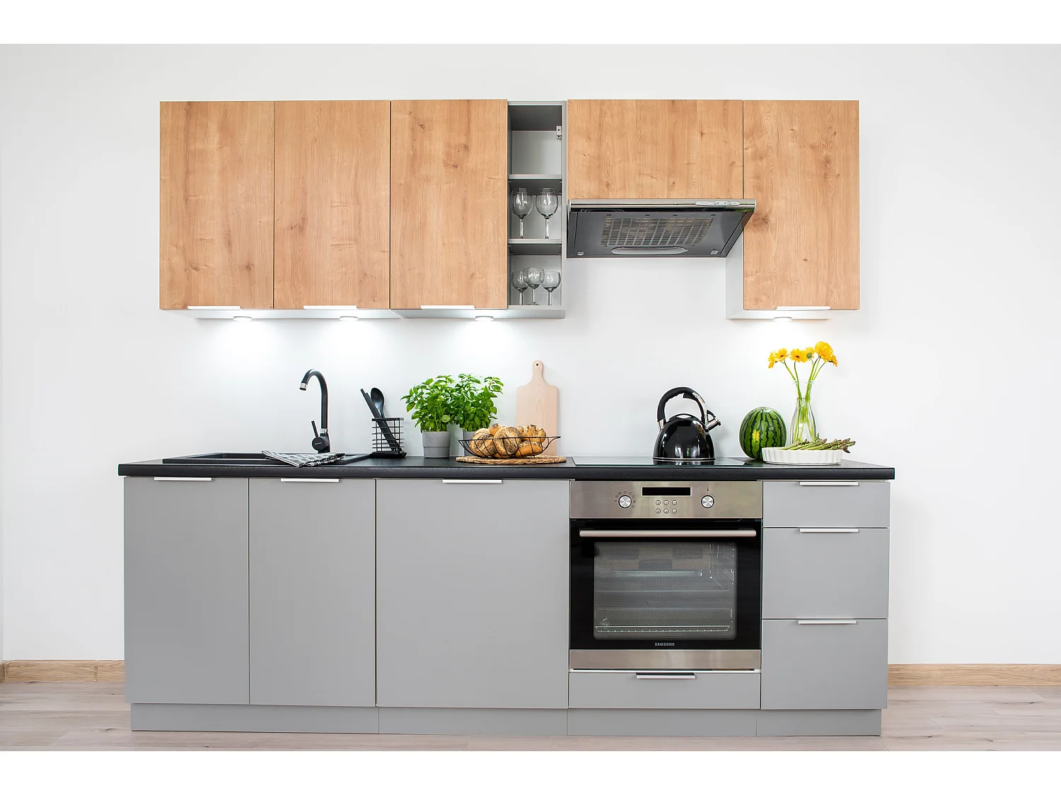 Cuisine complète Ela 8 éléments couleur chêne/gris clair - Longueur 240 cm