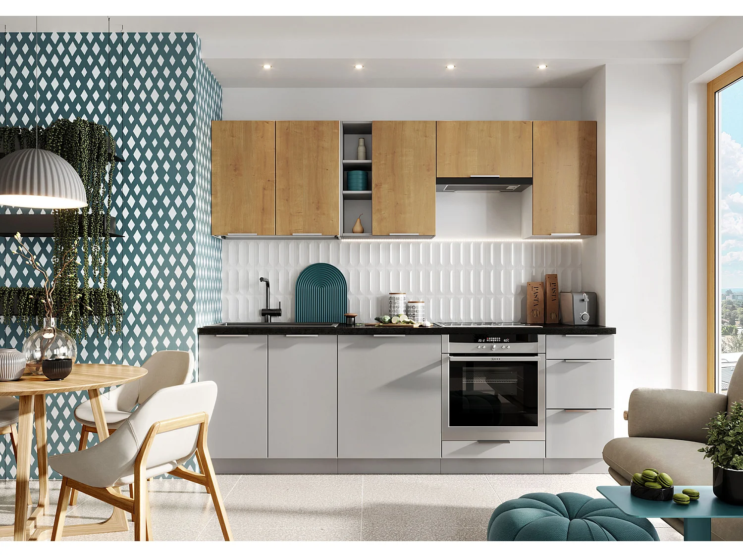 Cuisine complète Ela 8 éléments couleur chêne/gris clair - Longueur 240 cm