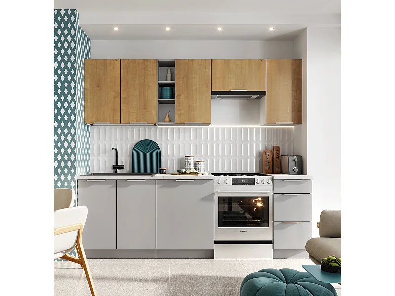 Cuisine complète Ela 7 éléments couleur chêne/gris clair - Longueur 240 cm