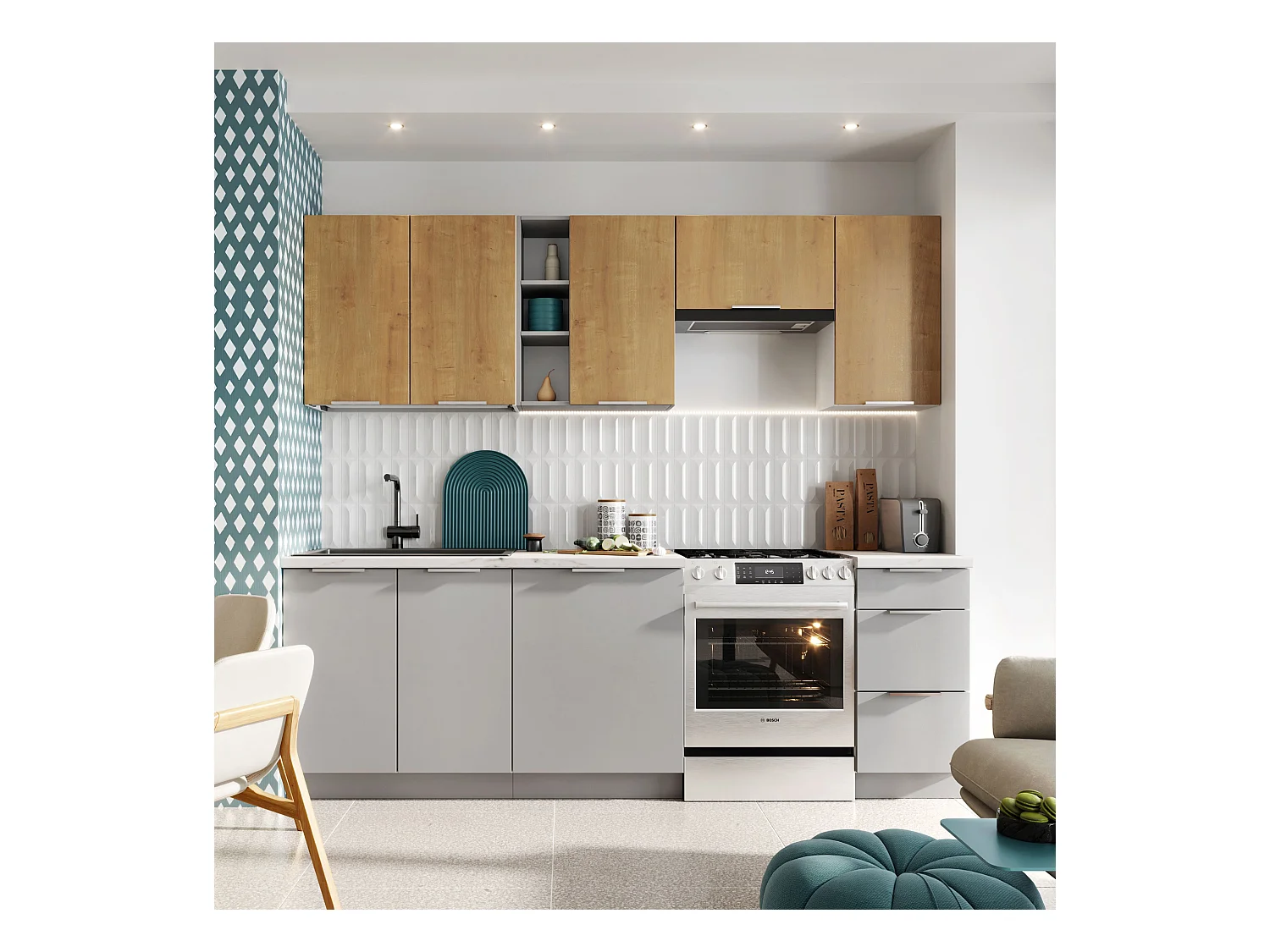 Cuisine complète Ela 7 éléments couleur chêne/gris clair - Longueur 240 cm
