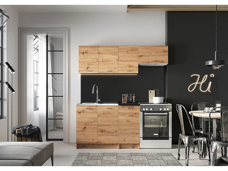 Cuisine complète Mila 5 éléments couleur chêne artisan avec plan de travail inclus - Longueur 120/180 cm