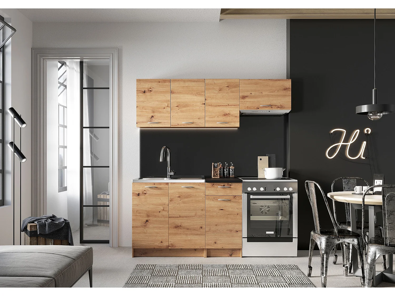 Cuisine complète Mila 5 éléments couleur chêne artisan avec plan de travail inclus - Longueur 120/180 cm