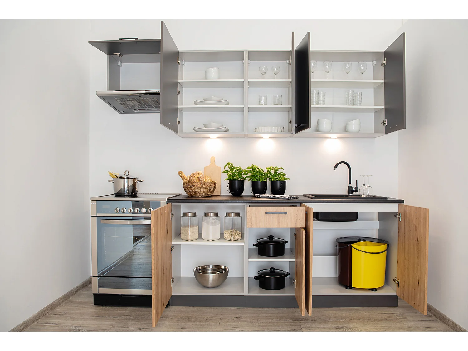 Cuisine complète celia 7 éléments couleur gris mat/chêne artisan - Longueur 240/180 cm