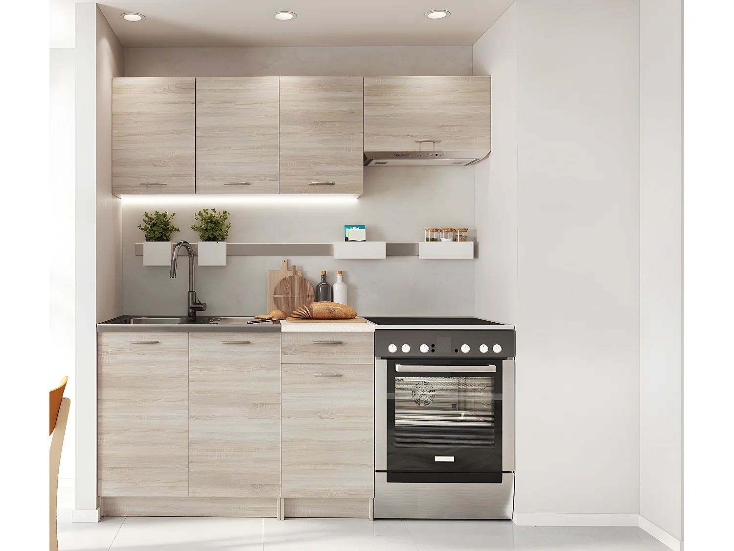 Cuisine complète Mila de 5 éléments Mila couleur chêne sonoma avec plan de travail inclus - Longueur 120/180 cm