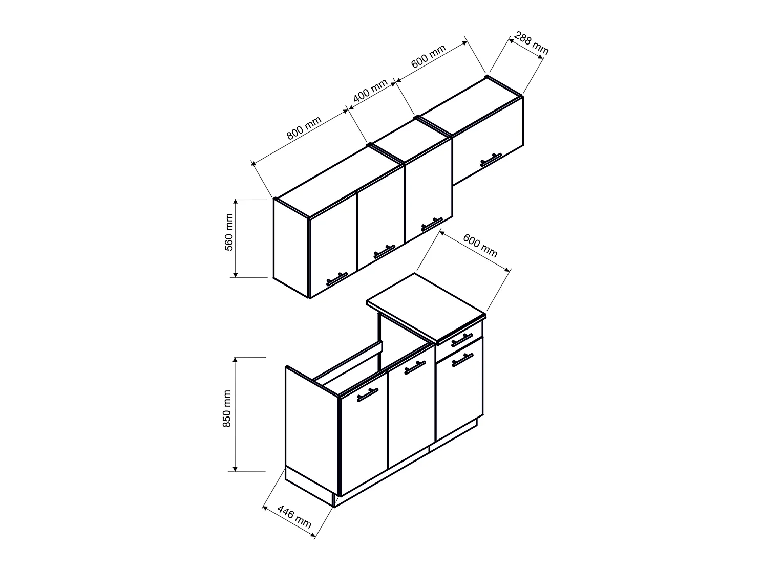 Cuisine complète Mila de 5 éléments Mila couleur chêne sonoma avec plan de travail inclus - Longueur 120/180 cm