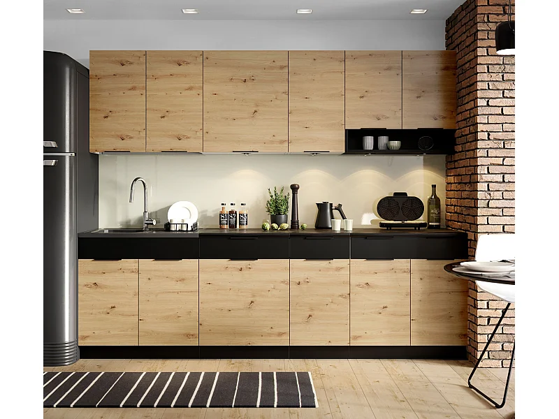 Cuisine complète Erika 8 éléments couleur chêne artisan/Noir avec plan de travail inclus - Longueur 260 cm