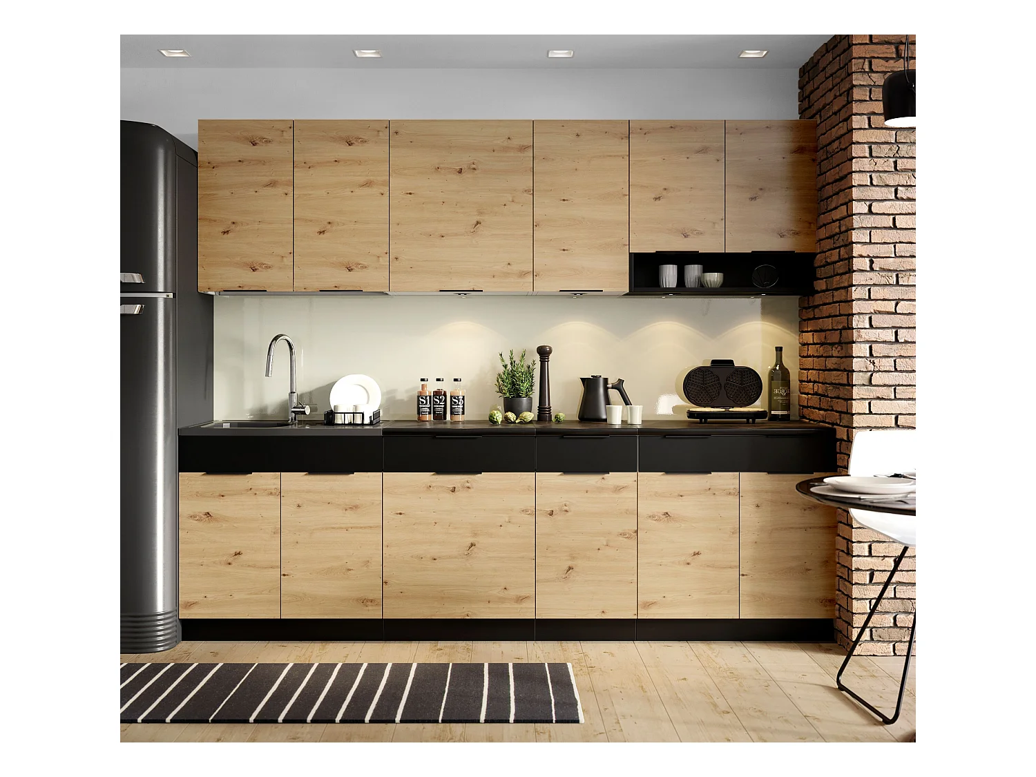 Cuisine complète Erika 8 éléments couleur chêne artisan/Noir avec plan de travail inclus - Longueur 260 cm