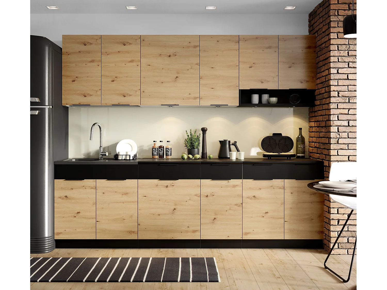 Cuisine complète Erika 8 éléments couleur chêne artisan/Noir avec plan de travail inclus - Longueur 260 cm