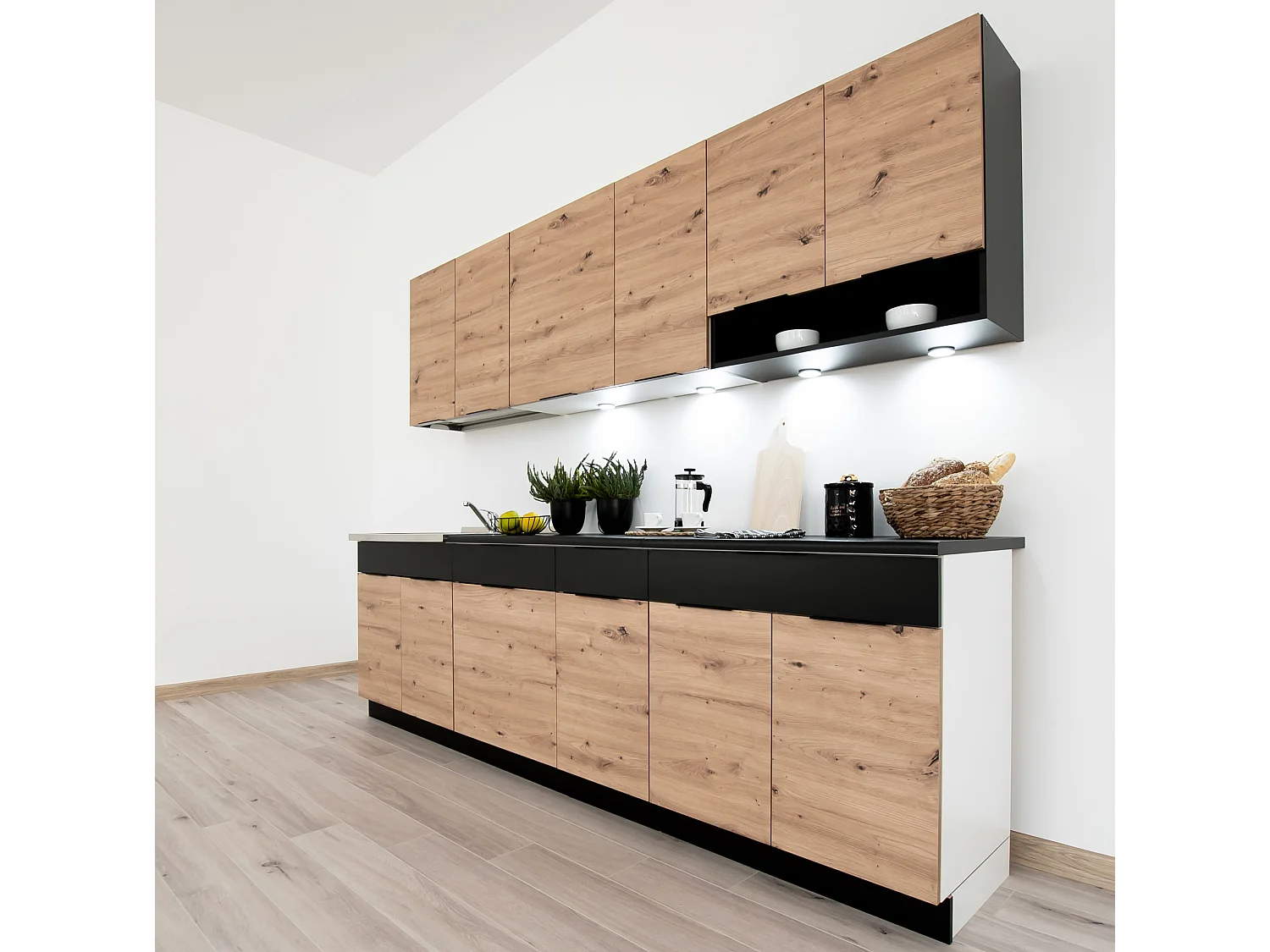 Cuisine complète Erika 8 éléments couleur chêne artisan/Noir avec plan de travail inclus - Longueur 260 cm