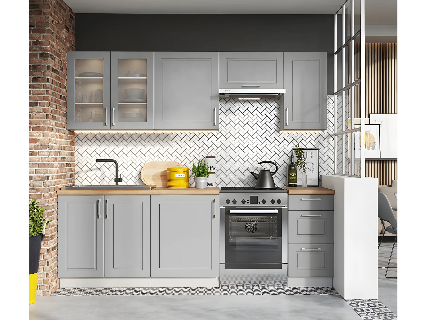 Cuisine complète Nela 7 éléments couleur gris mat - Longueur 180/240 cm