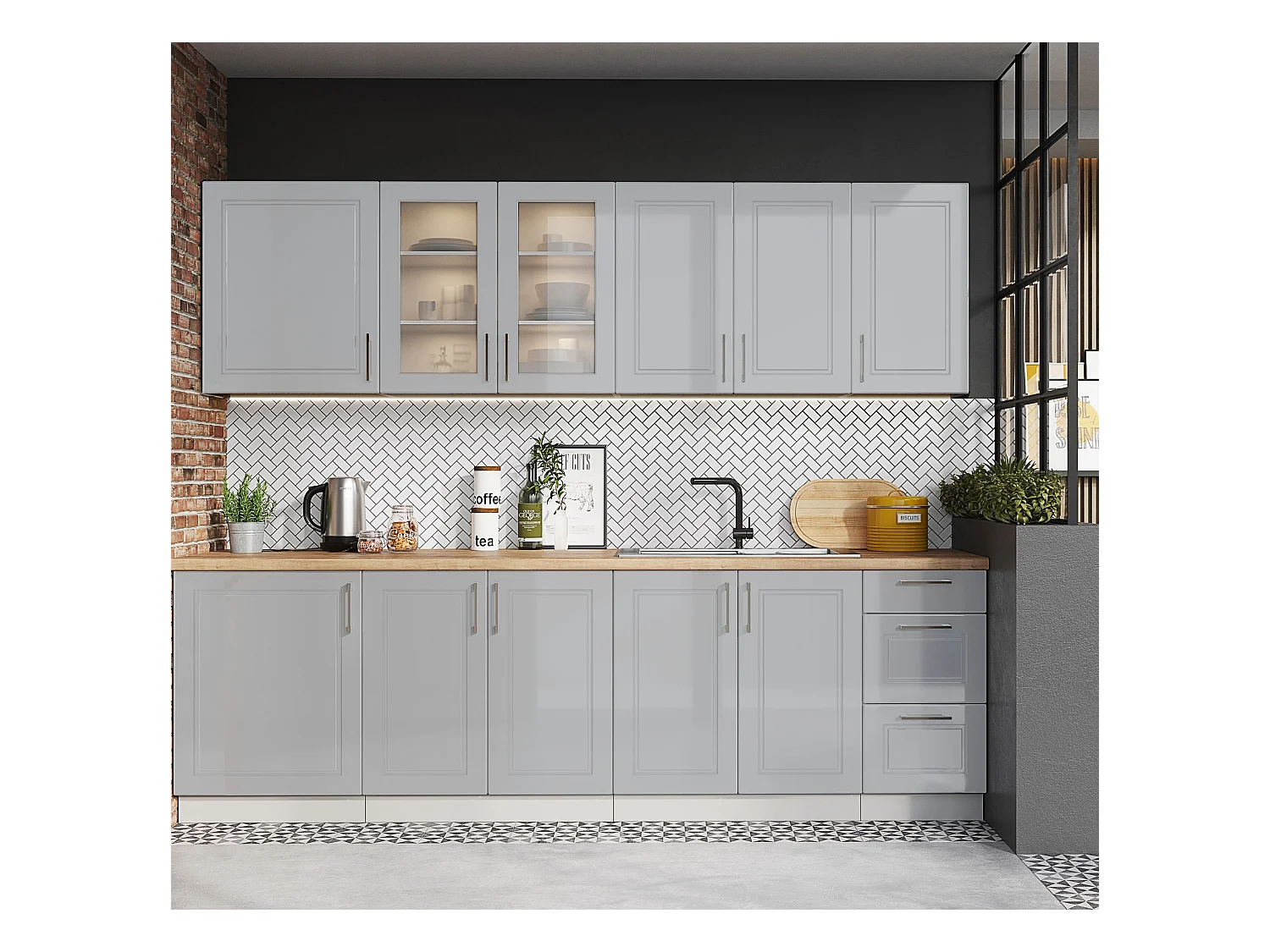 Cuisine complète Nela 8 éléments couleur gris mat - Longueur 260 cm