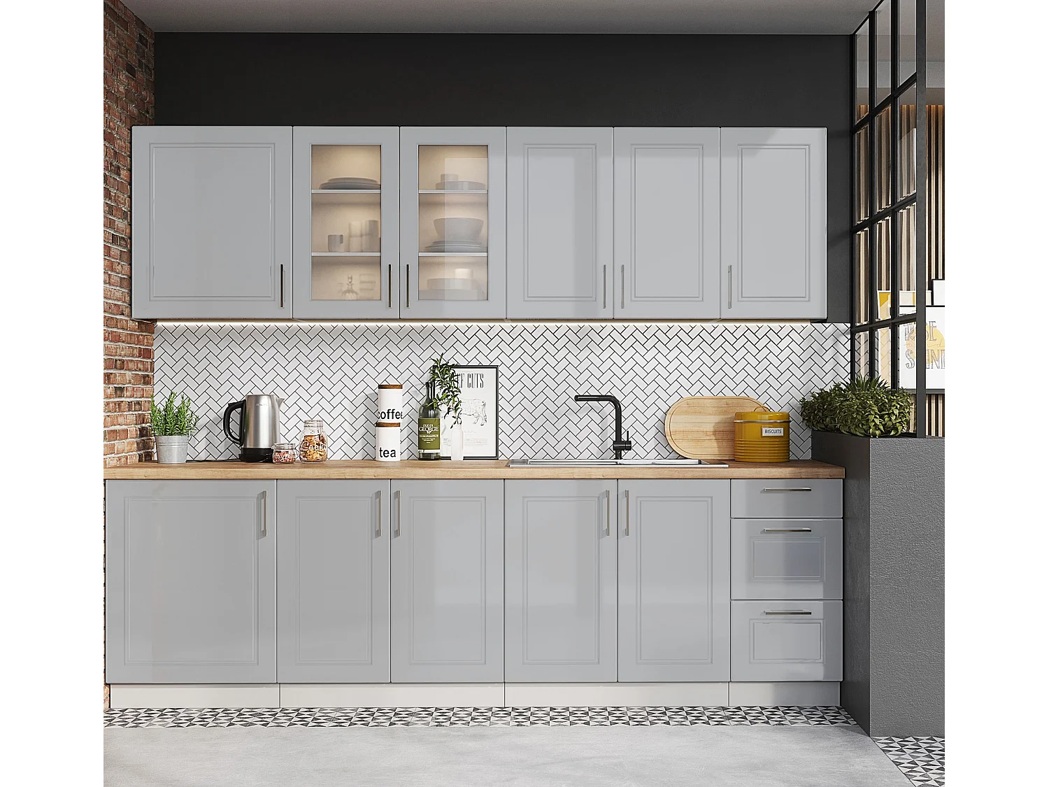 Cuisine complète Nela 8 éléments couleur gris mat - Longueur 260 cm