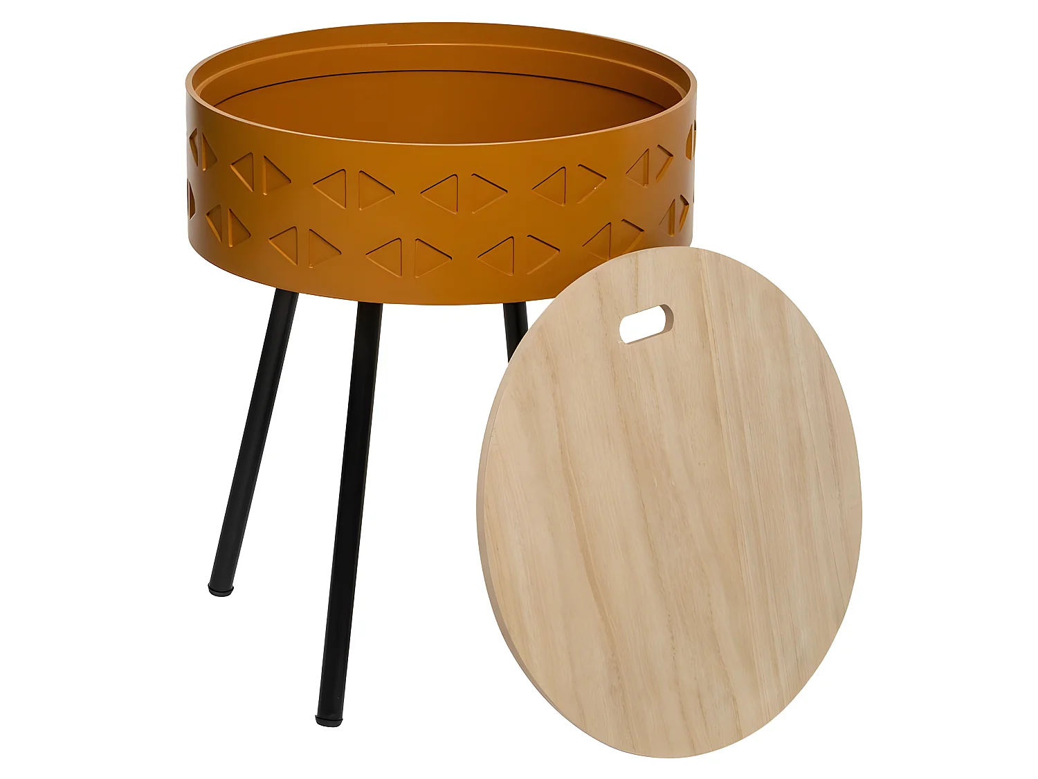 Table à café coffre coloris moutarde en bois - D. 38,5 x H. 45,5 cm