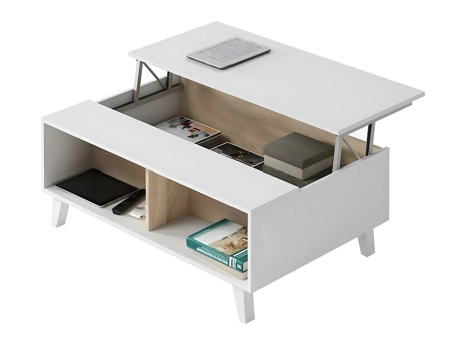 Table basse coloris blanc et chêne canadien - Dim : 38 x 100 x 68 cm