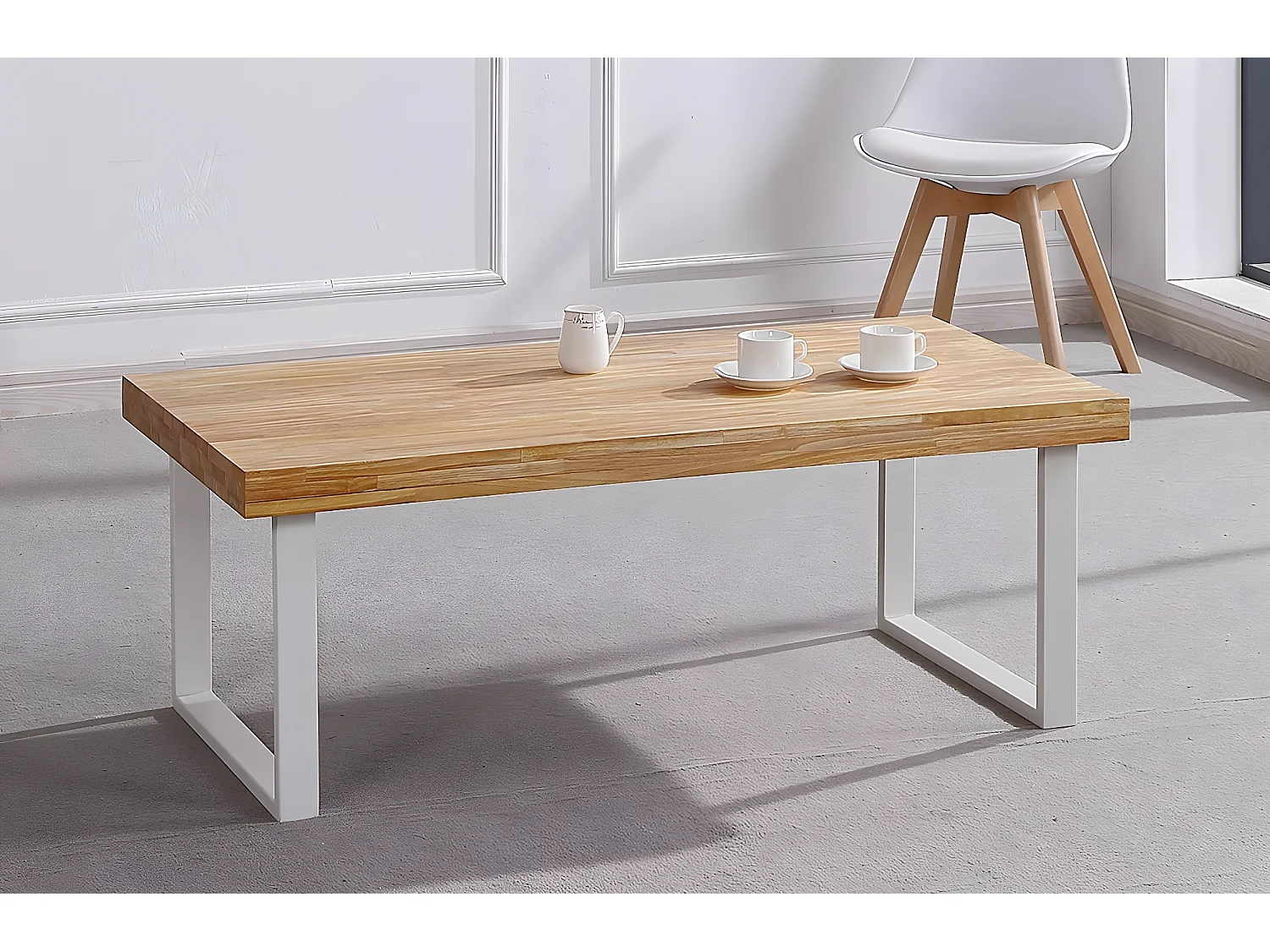 Table basse en bois coloris chêne nordique / pieds blanc - Longueur 120 x profondeur 60 x hauteur 43 cm