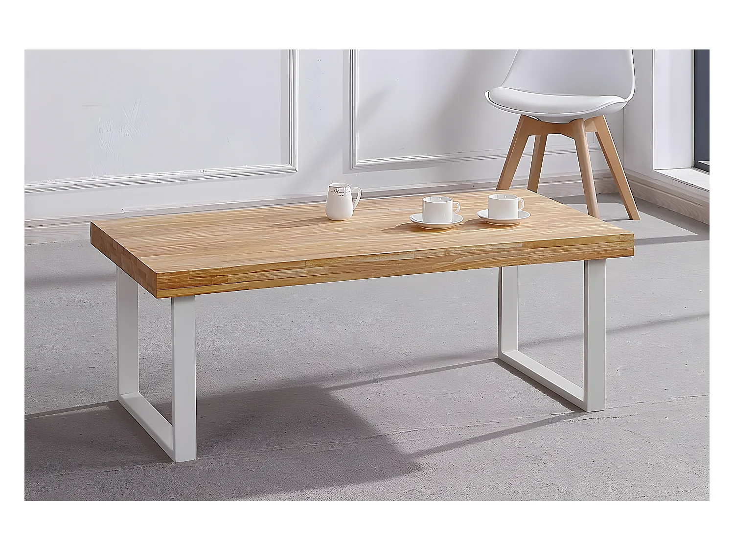 Table basse en bois coloris chêne nordique / pieds blanc - Longueur 120 x profondeur 60 x hauteur 43 cm
