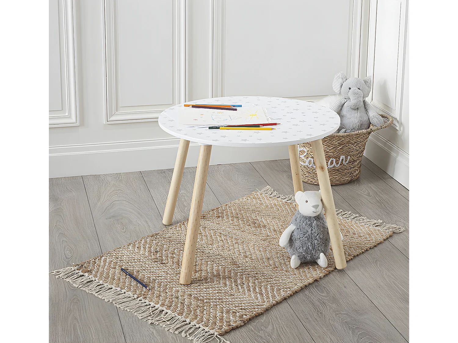 Table enfant coloris blanc motif étoiles - Diamètre 60 x Hauteur 43,5 cm