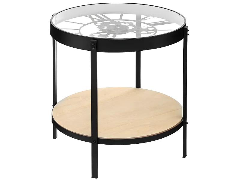 Table à café pendule mécanique en fer et verre trempé - L.50,5 x l.50,5 x H.49 cm