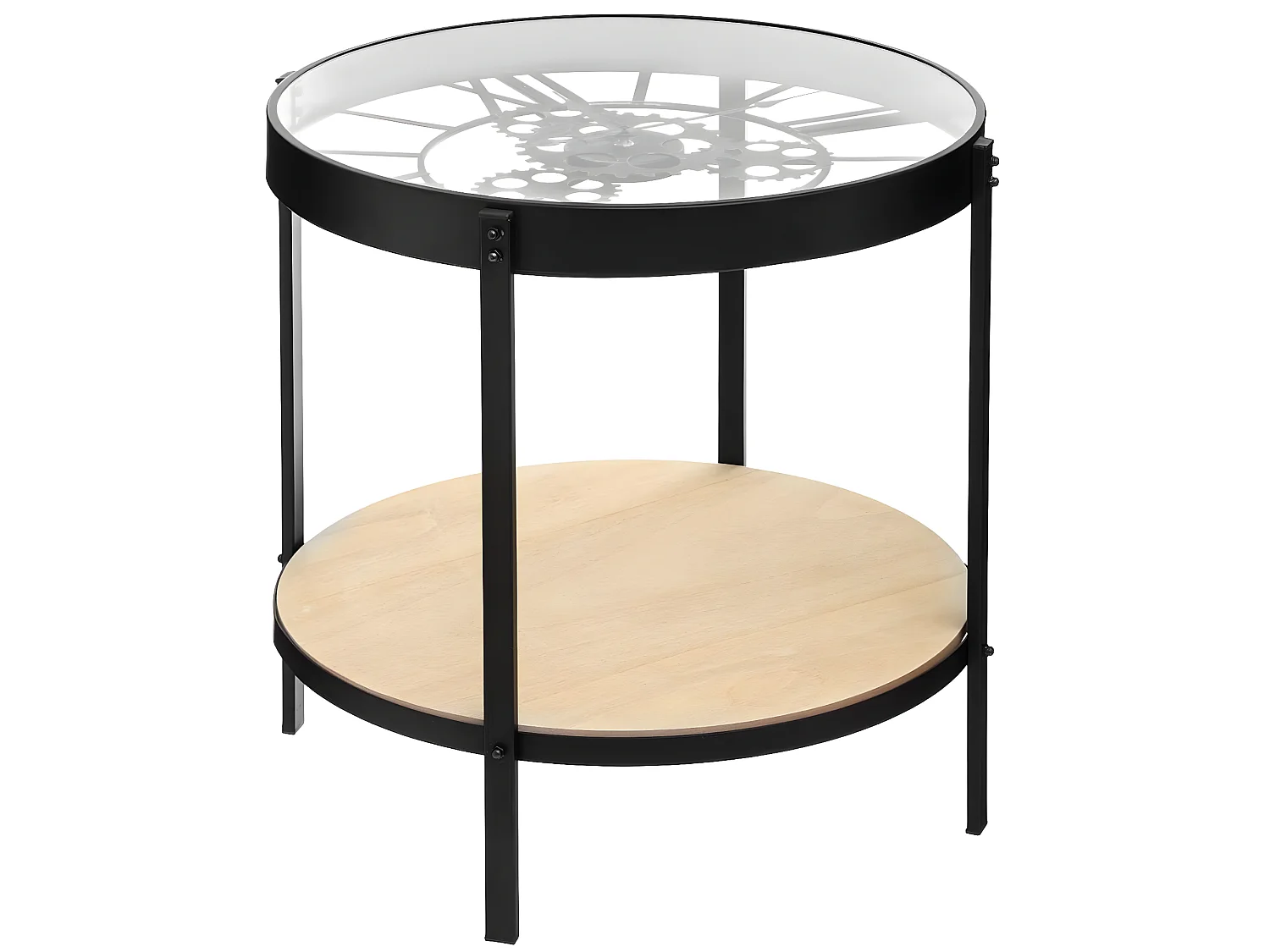 Table à café pendule mécanique en fer et verre trempé - L.50,5 x l.50,5 x H.49 cm