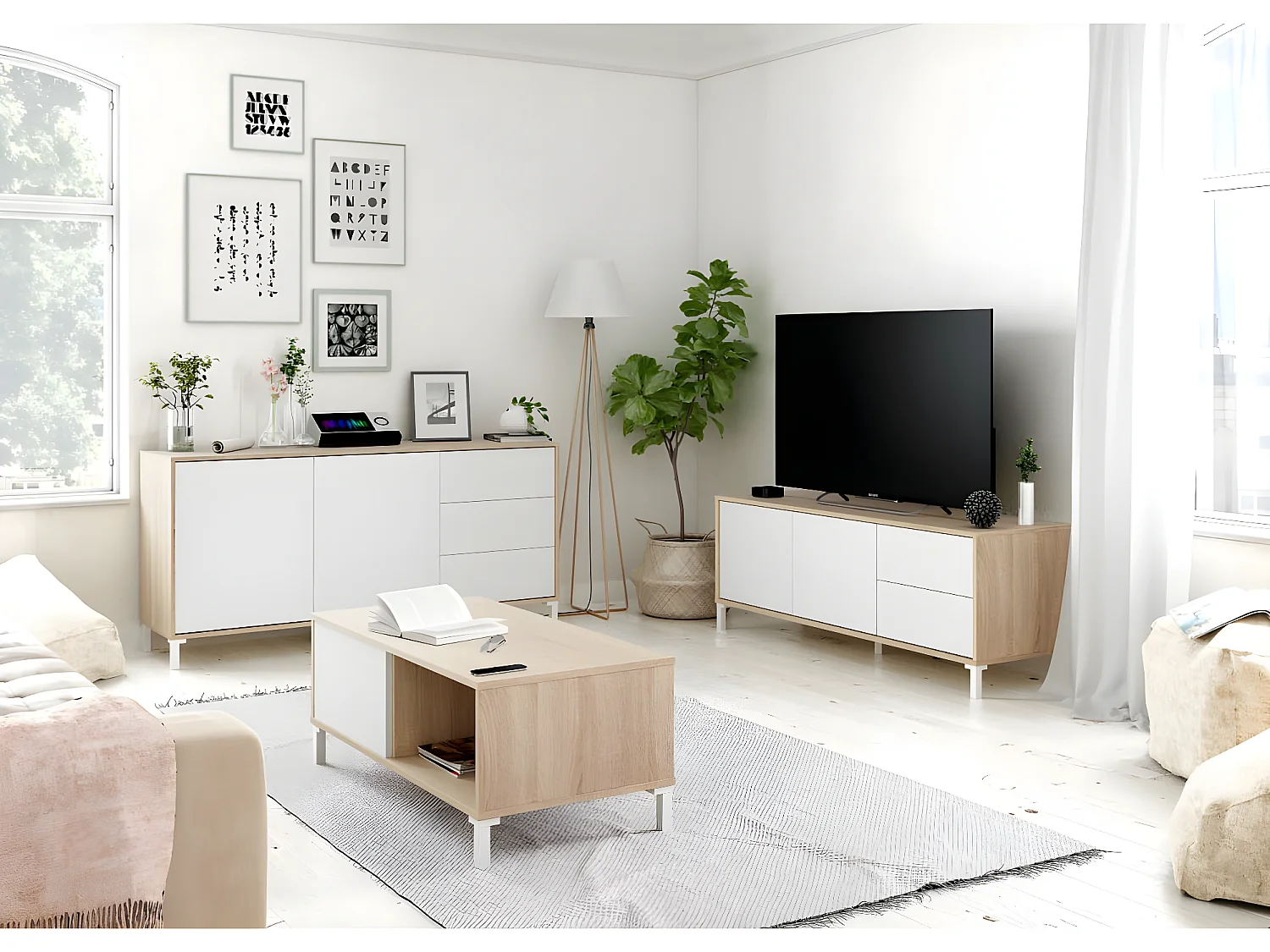 Table basse coloris chêne canadien / blanc artic - Hauteur 40 x longueur 100 x Profondeur 50 cm