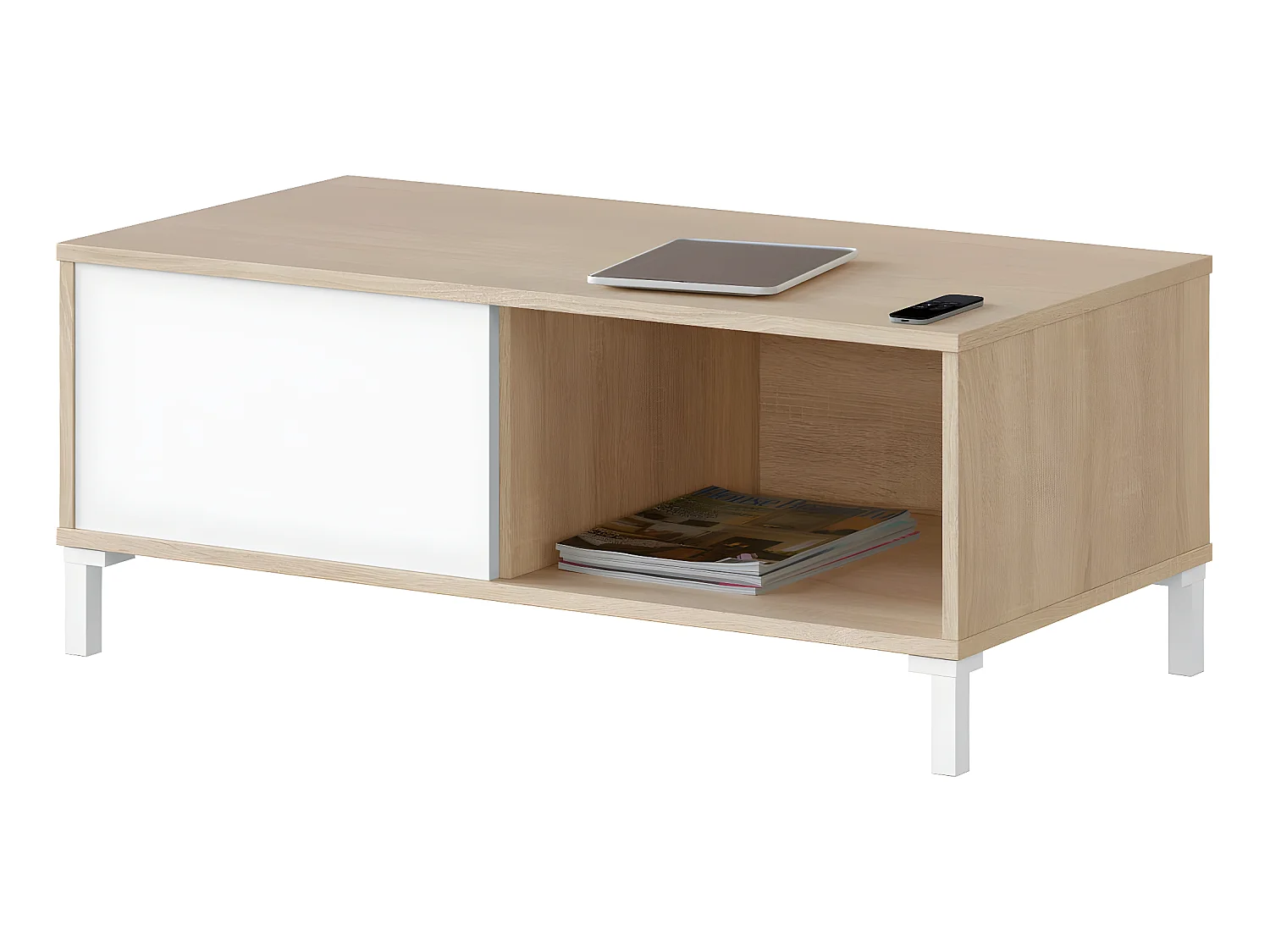 Table basse coloris chêne canadien / blanc artic - Hauteur 40 x longueur 100 x Profondeur 50 cm