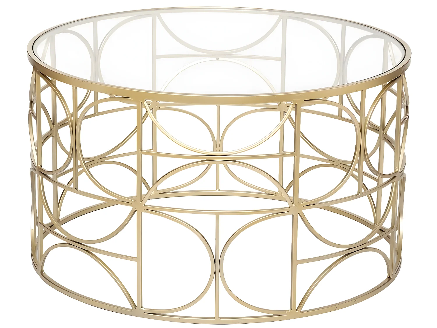 Table basse plateau verre trempé et fer coloris doré - Diamètre 71 x Hauteur 41 cm