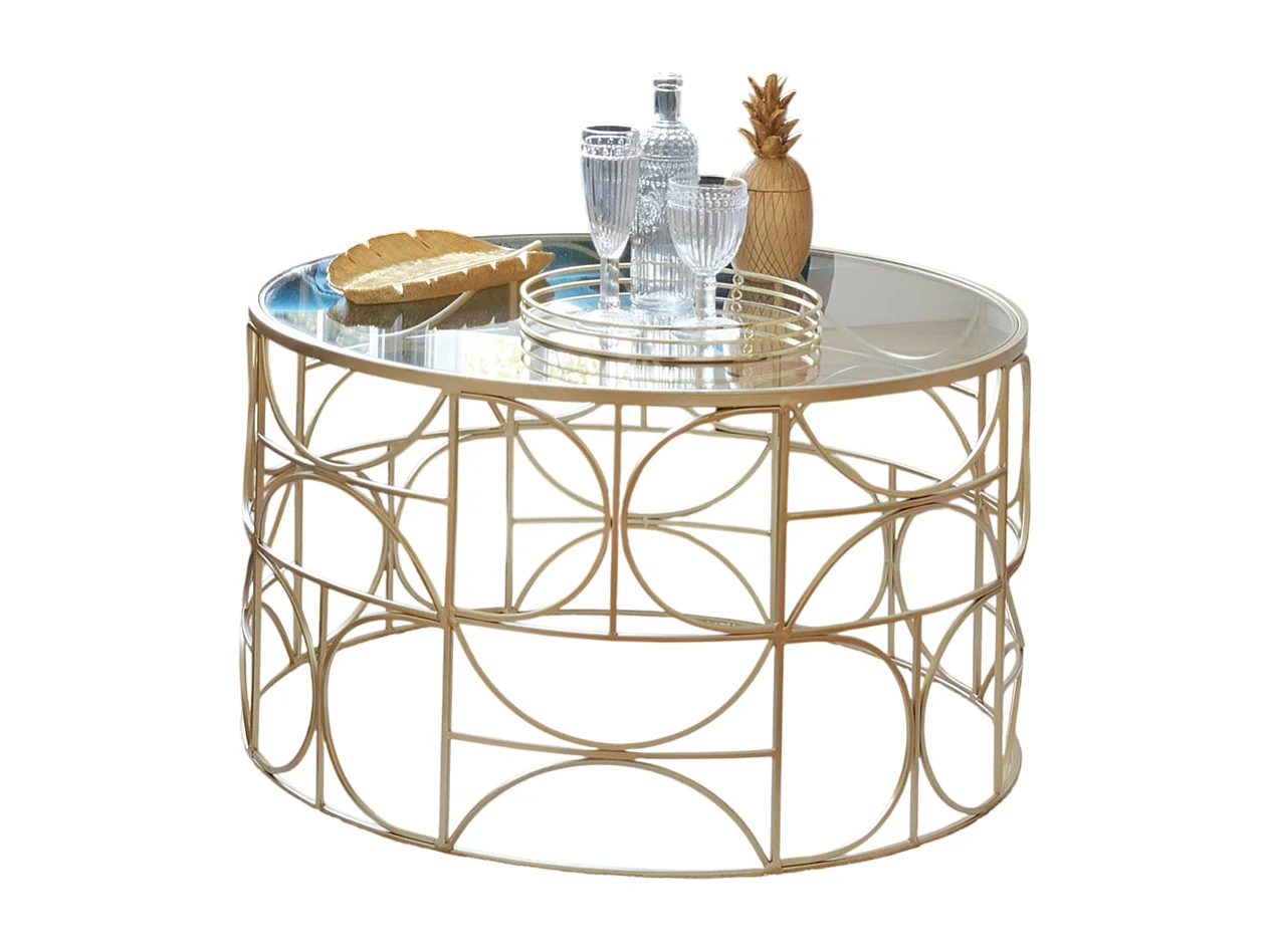 Table basse plateau verre trempé et fer coloris doré - Diamètre 71 x Hauteur 41 cm