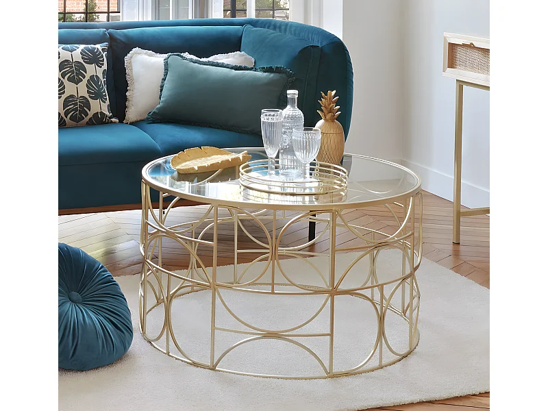 Table basse plateau verre trempé et fer coloris doré - Diamètre 71 x Hauteur 41 cm