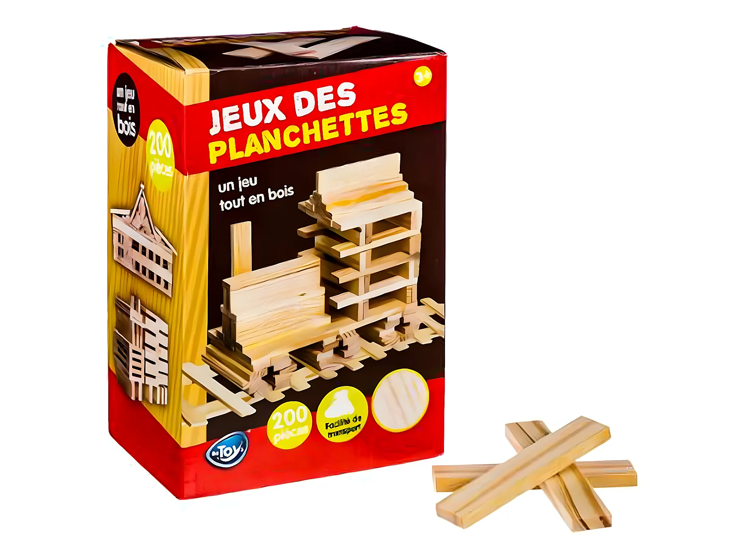 Boite de Jeu de construction en bois de 200 Planchettes - Dim : 11,5 x 2,5x 0,8 cm