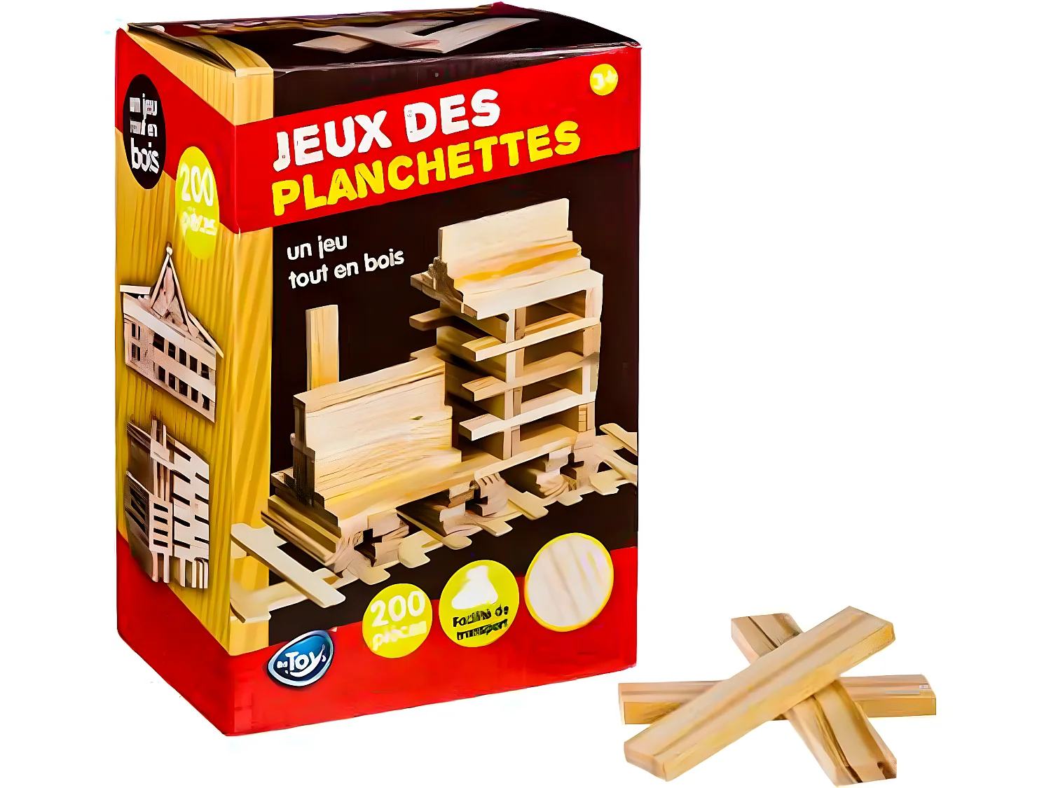 Boite de Jeu de construction en bois de 200 Planchettes - Dim : 11,5 x 2,5x 0,8 cm