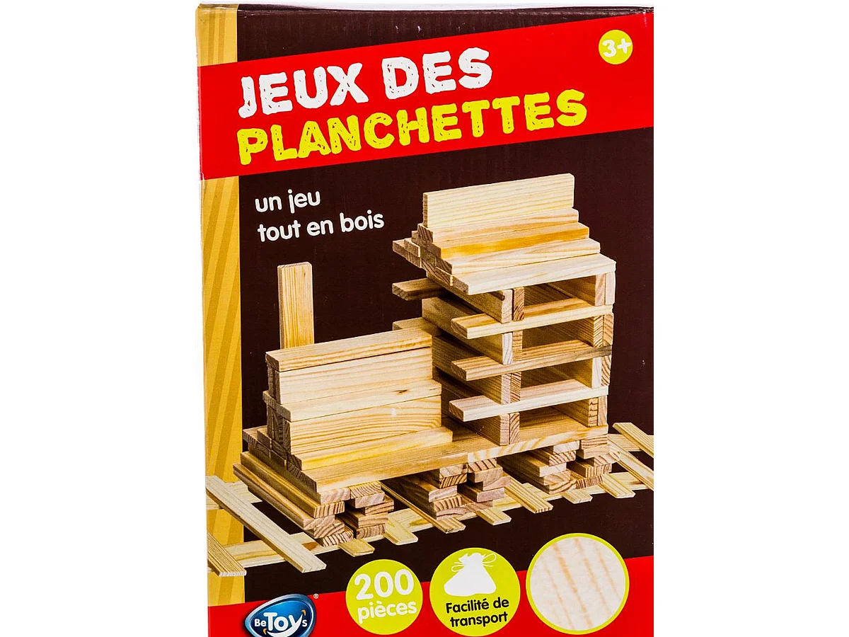Boite de Jeu de construction en bois de 200 Planchettes - Dim : 11,5 x 2,5x 0,8 cm