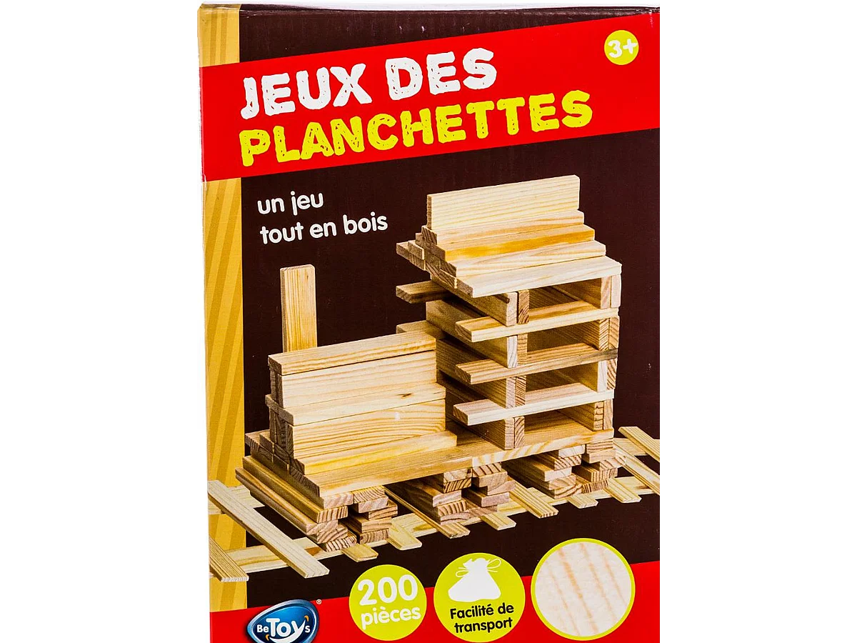 Boite de Jeu de construction en bois de 200 Planchettes - Dim : 11,5 x 2,5x 0,8 cm