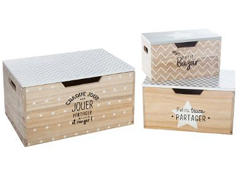 Lot de 3 boites de rangement en pin coloris naturel avec motifs