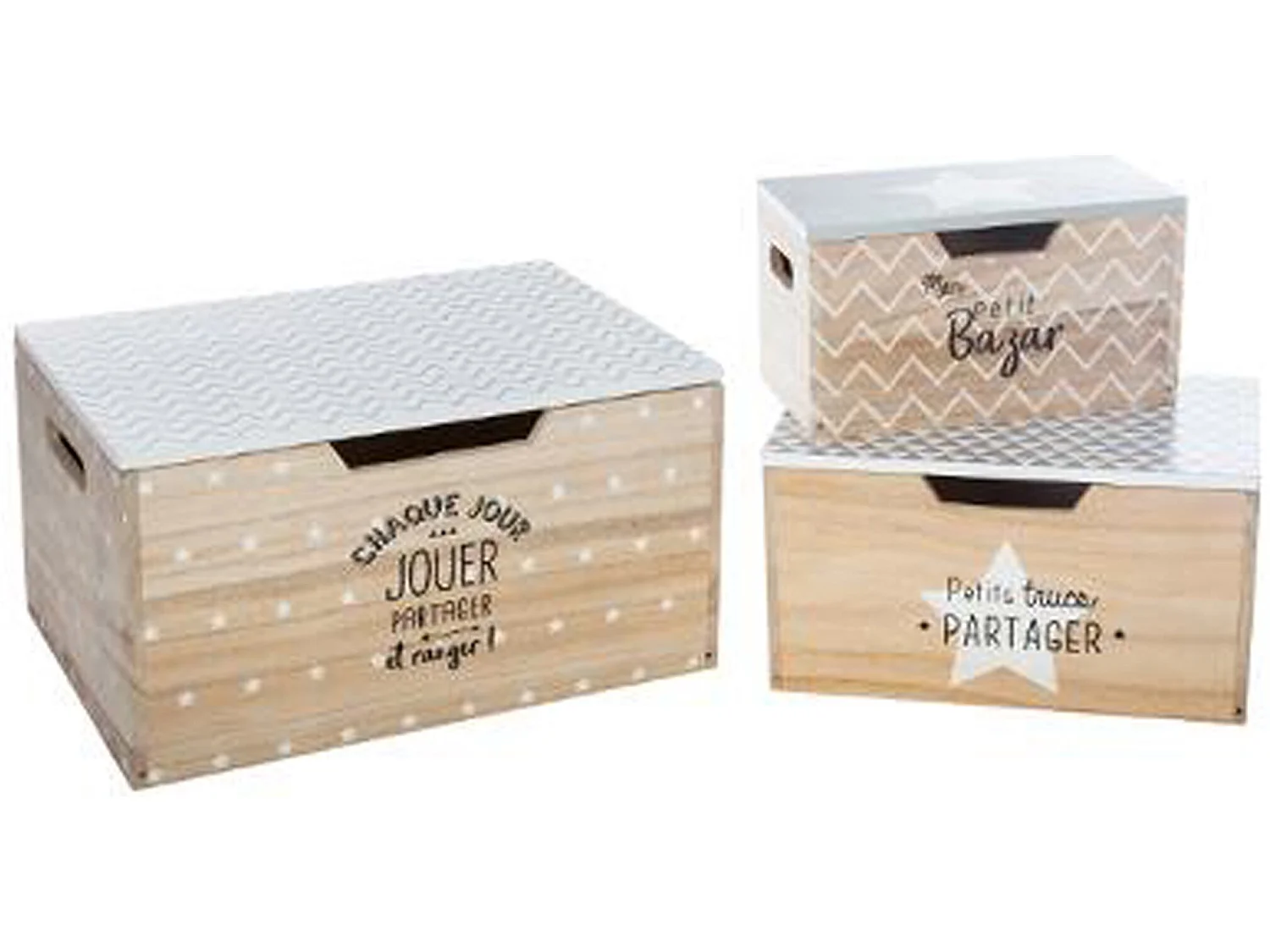 Lot de 3 boites de rangement en pin coloris naturel avec motifs