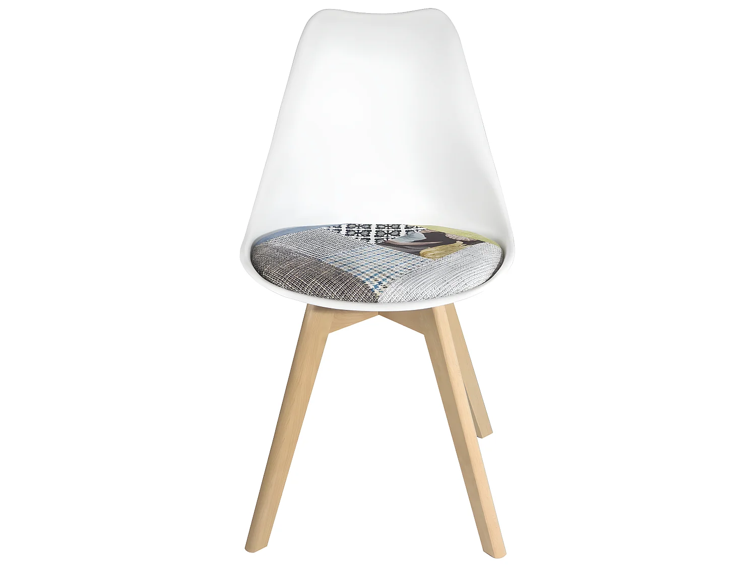 Juego de 2 sillas escandinavas, cojín de tela patchwork multicolor acolchado, asiento de plástico flexible, patas de madera LAO (floral)