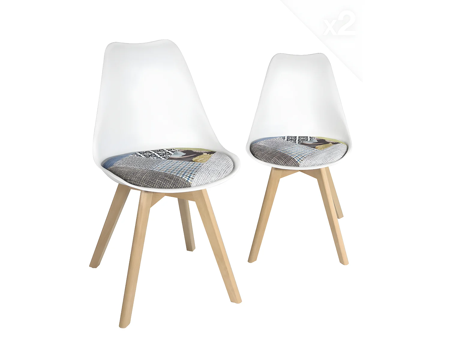 Lot 2 chaises scandinaves coussin tissu patchwork rembourré pieds bois LAO (Floral)