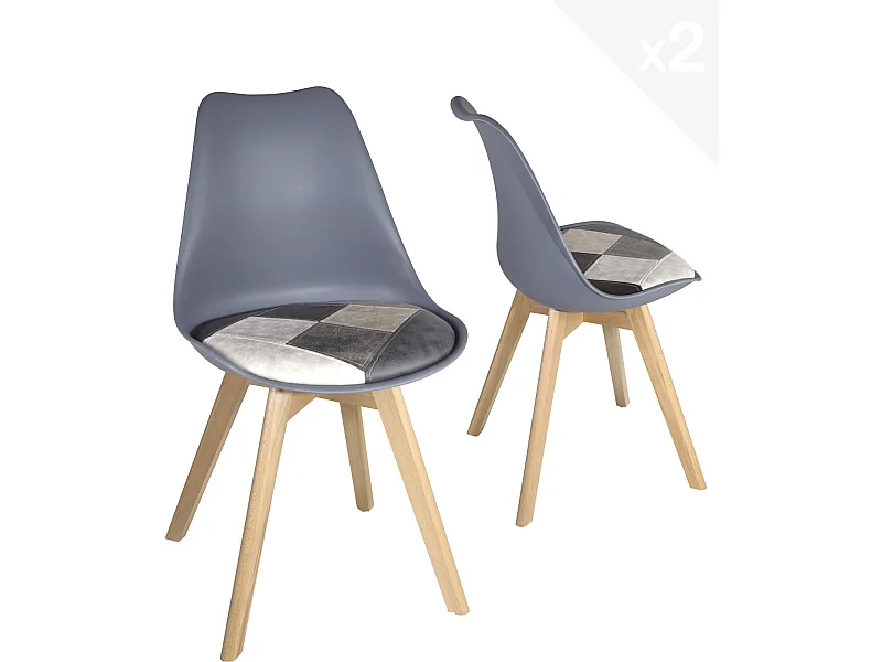Lot 2 chaises scandinaves coussin simili cuir patchwork rembourré pieds bois LAO (Gris bleu)