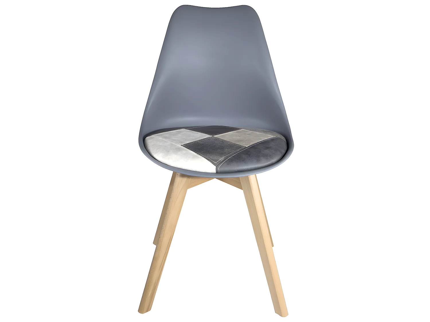 Juego de 2 sillas escandinavas, cojín acolchado de cuero sintético patchwork multicolor, asiento de plástico flexible, patas de madera LAO (gris azul)