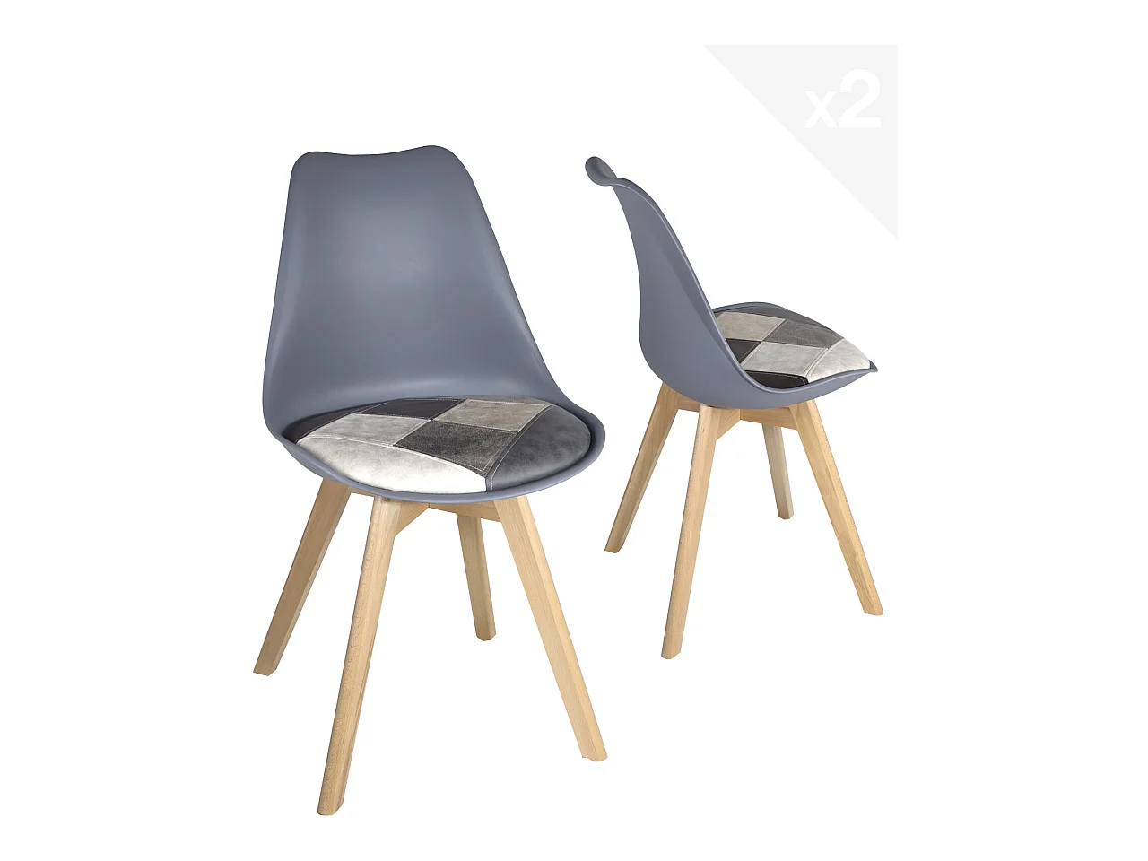 Lot 2 chaises scandinaves coussin simili cuir patchwork rembourré pieds bois LAO (Gris bleu)