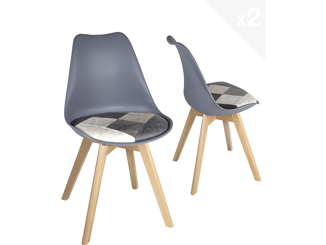 Lot 2 chaises scandinaves coussin simili cuir patchwork rembourré pieds bois LAO (Gris bleu)