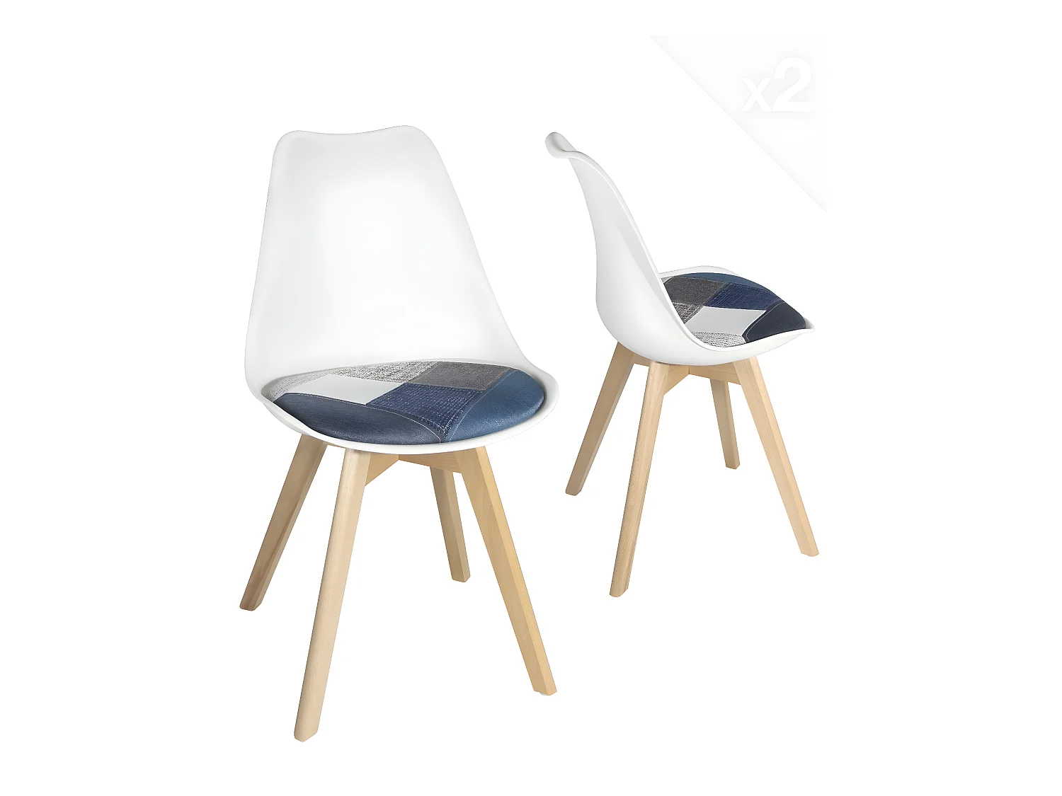 Lot 2 chaises scandinaves coussin tissu patchwork rembourré pieds bois LAO (Bleu)