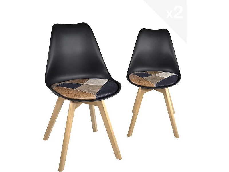 Lote de 2 sillas escandinavas, cojín de cuero sintético patchwork multicolor, asiento de plástico flexible, patas de madera LAO (marrón)
