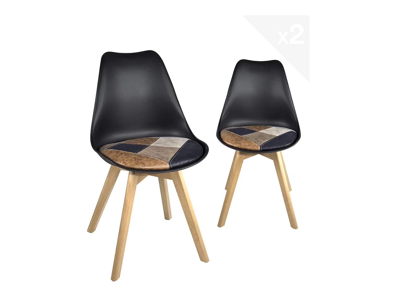 Lot 2 chaises scandinaves coussin simili cuir patchwork rembourré pieds bois LAO (Marron)