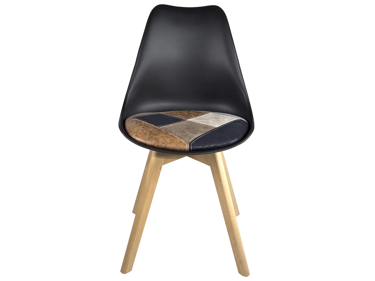 Lote de 2 sillas escandinavas, cojín de cuero sintético patchwork multicolor, asiento de plástico flexible, patas de madera LAO (marrón)